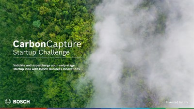 A promotional image for the Bosch CarbonCapture Startup Challenge, featuring a lush green forest partially covered by mist.