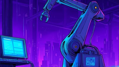 Meet us at Deep Tech MomentumCybernetic robotic arm with digital interface in futurisic workspace, interconnected with AI-controlled machinery and computer systems.